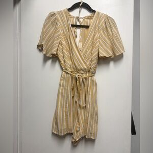 Altar'd State Tan and White Flutter Sleeve Wrap Romper S (Small)